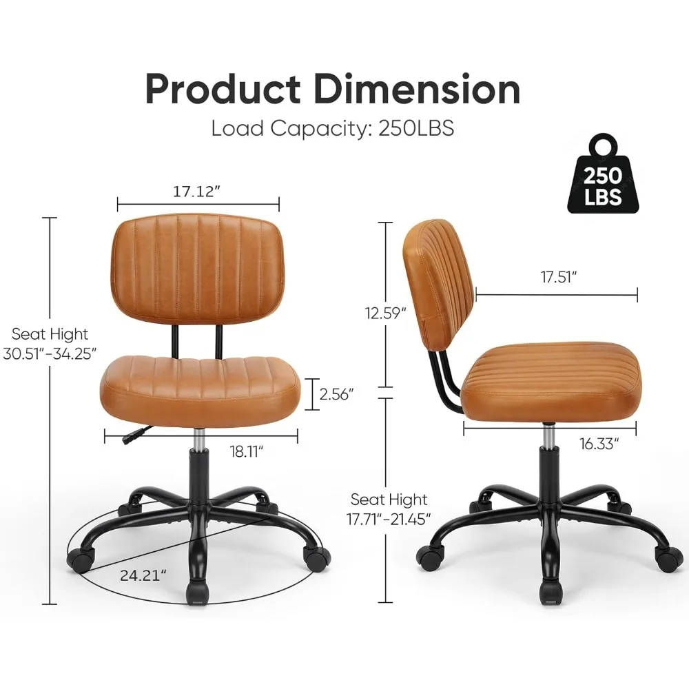 Armless Home Office Desk Chair -Small Ergonomic with Low Back Lumbar Support, Height Adjustable PU Leather Computer Task