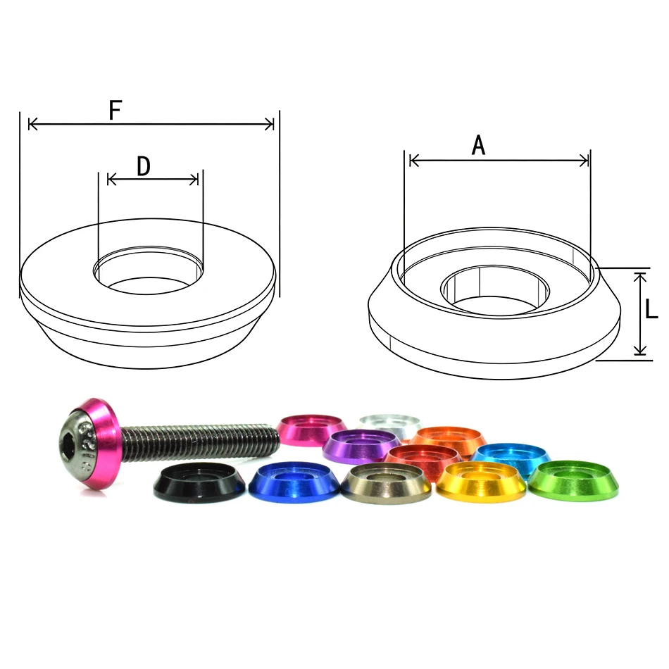 11 Colors CNC Machined 6061 Aluminum Cone Washers, M2-M4 ISO7380 Screw Shims for RC Model HHX