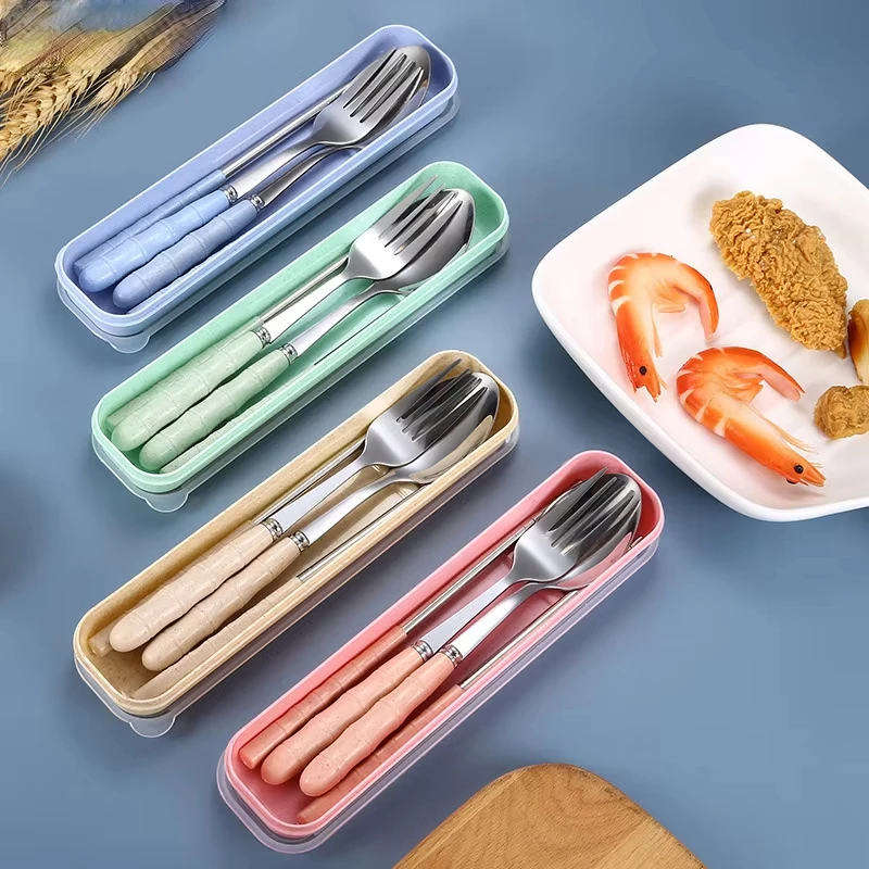 Portable stainless steel fork spoon chopsticks, student cut tray set, with box, travel cutlplace set,