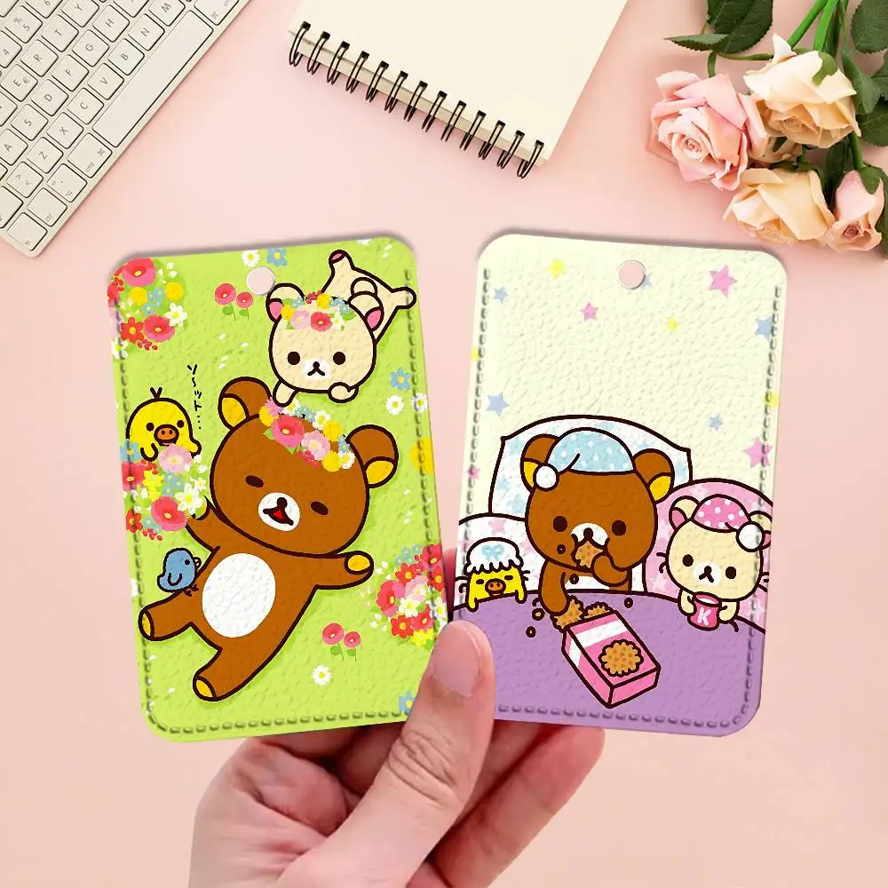 Cute R-Rilakkumas-S Bear Key Tag Ring Leather Card Holder Key Ring Rectangle Access Card Holder