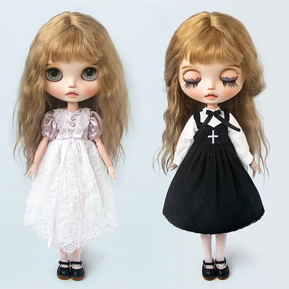 Blyth Clothes Lace Bow Princess Long Dress Retro Black and White Uniform Dress for Ymy Licca Azones Ob22 24 27 Doll Accessories
