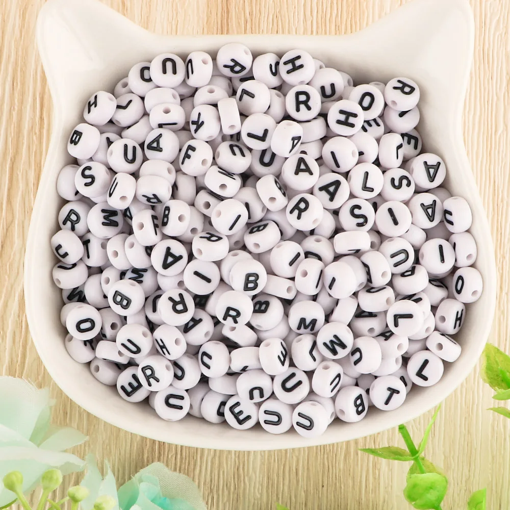 50pcs/Lot 7x4mm White A-Z Round Alphabet Acrylic Letters Beads Loose Spacer For Jewelry Making DIY Bracelet Accessories