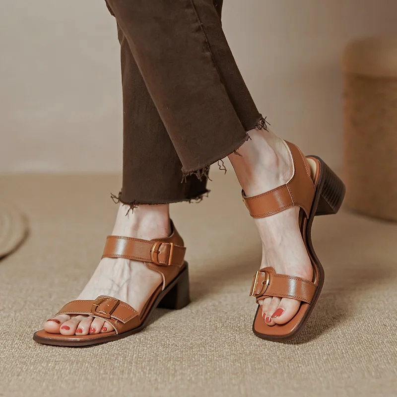 2022 New Summer Women Shoes Square Toe Chunky Heel Women Sandals Cow Leather High Heels Solid Band Shoes Casual Shoes for Women