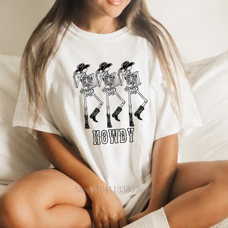 Dancing Skeleton Pattern Print T-shirts for Women Summer Casual Fashion High Street Funny Y2K Tops O-Neck Short Sleeve Tees