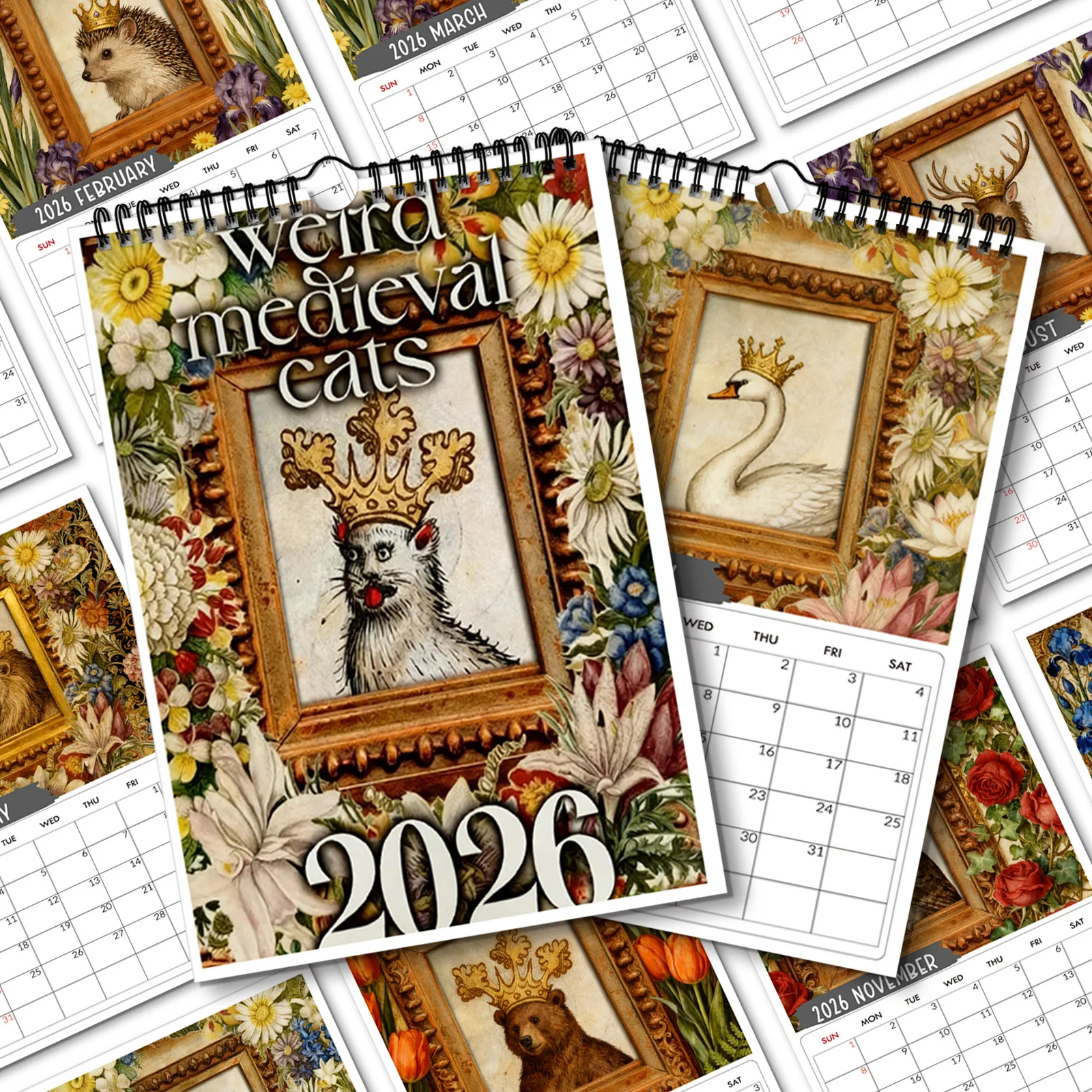 

1 шт. 2026 настенный календарь, тема декоративных картинок в средневековом стиле, минималистичный декор для домашнего офиса, прочное настенное искусство