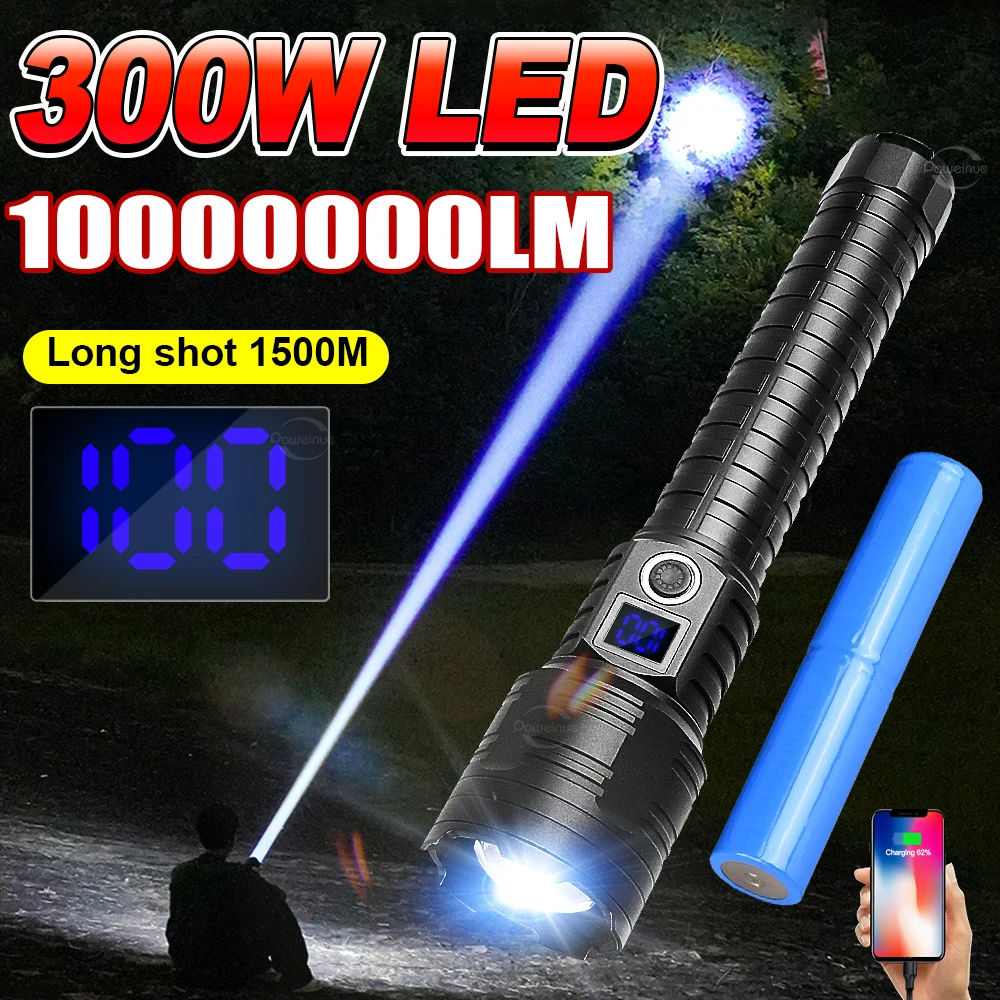 

High strong Power 300W LED Flashlight Super Bright USB Rechageable Portable Hand Lamps Outdoor Camping Emergency Zoom Hand Lamps