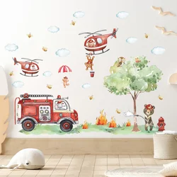 Cartoon Animal Fire Fighting Truck Children Wall Stickers for Nursery Kids Room Baby Bedroom Decoration Living Room Wall Decals