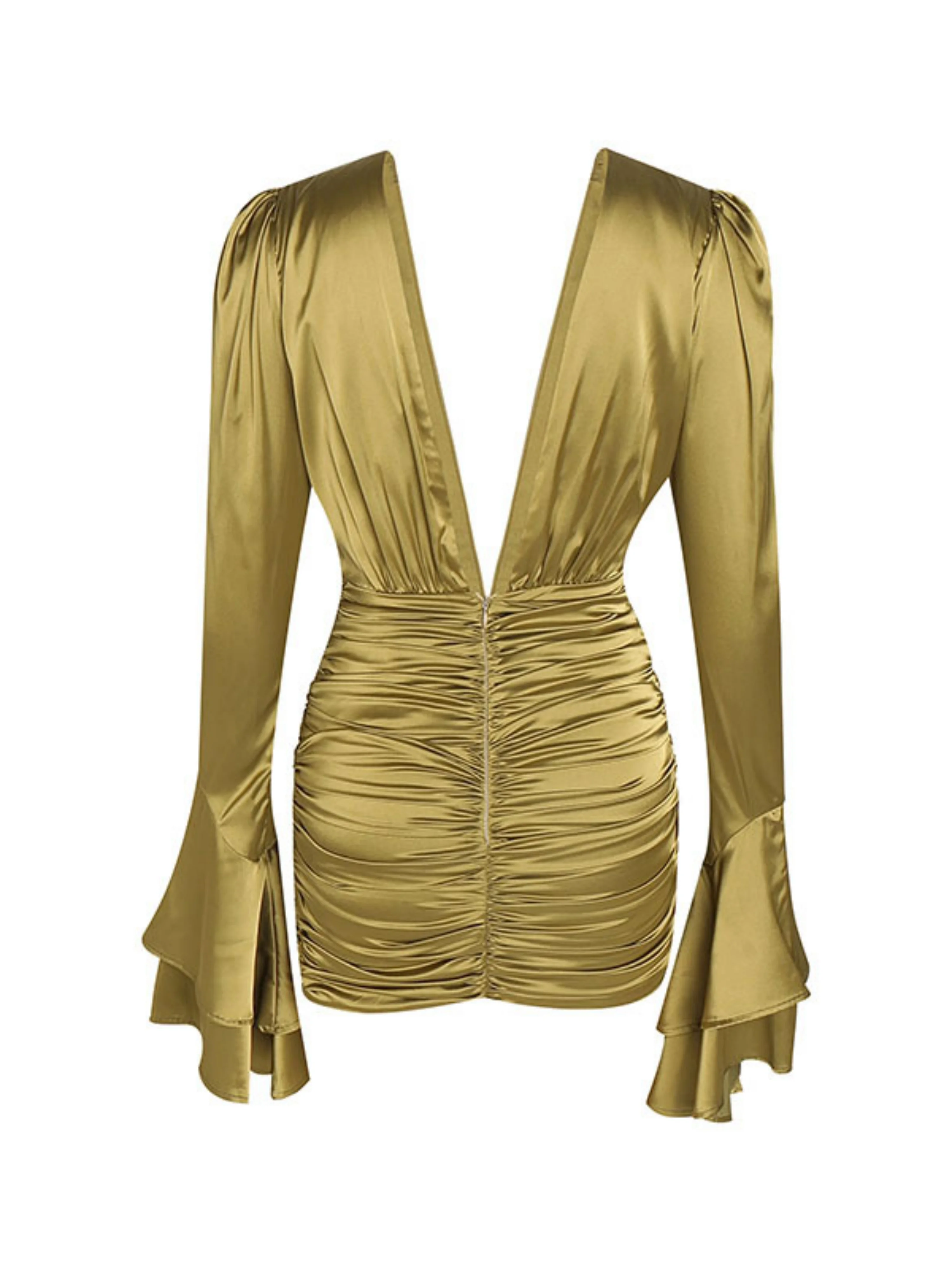 

Women Sexy Olive Green Deep V Ruched Backless Bell Sleeve SlimFit Short Dress Elegant Classy Luxury Fancy Wedding Guest Dresses