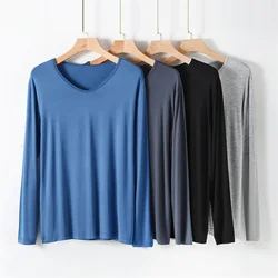 Ropa interior elástica de manga larga con cuello en V para hombre, Tops suaves para dormir, pijamas, camiseta, ropa de dormir, ropa de primavera y otoño, 4XL