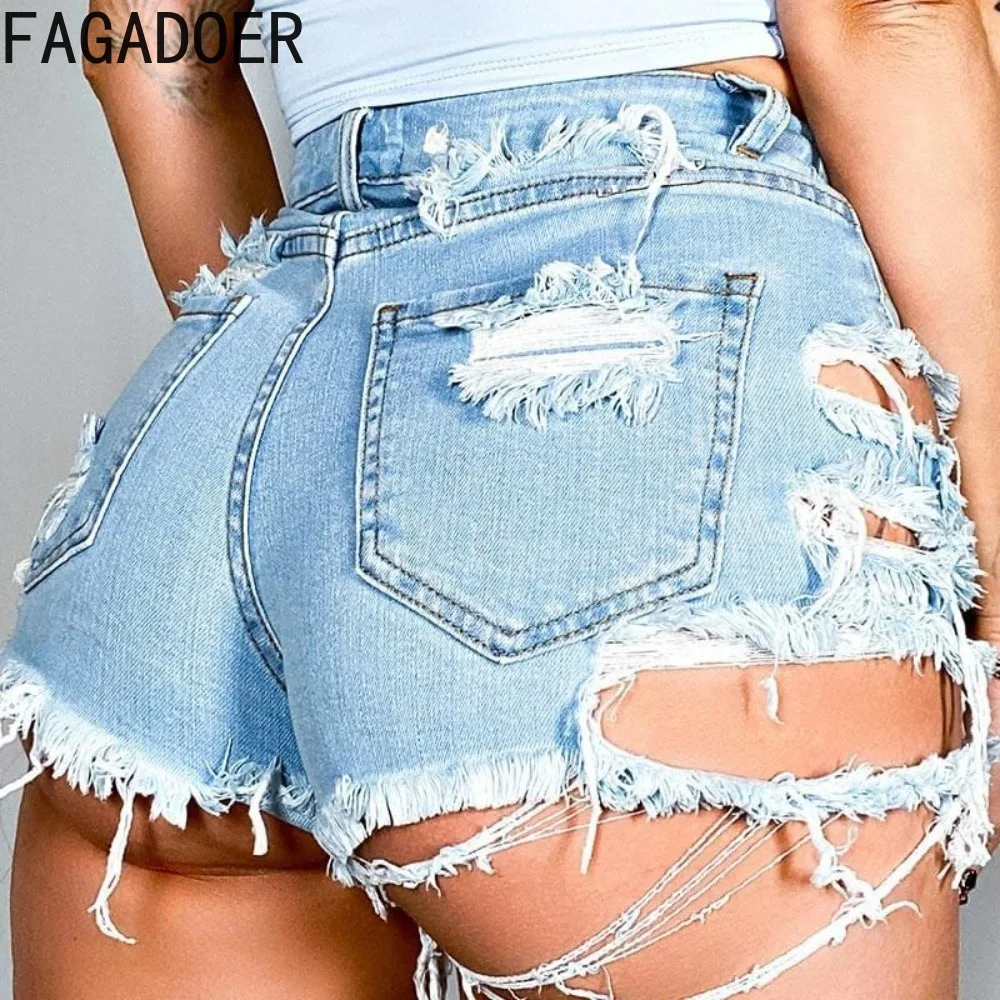 

FAGADOER Fashion Denim Hole Irregular Shorts Women High Waist Button Pocket Elasticity Bottoms Summer New Female Cowboy Clothing