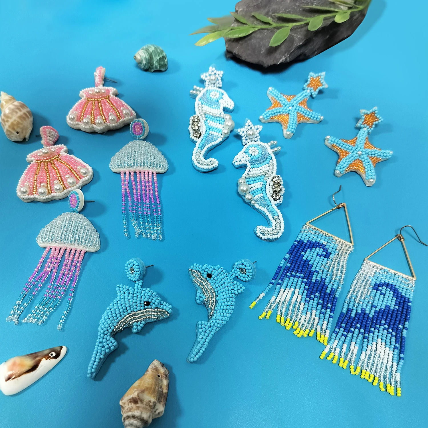 Bohemian Oceanic Creature Shell Handmade Rice Bead Earrings Blue Dolphin