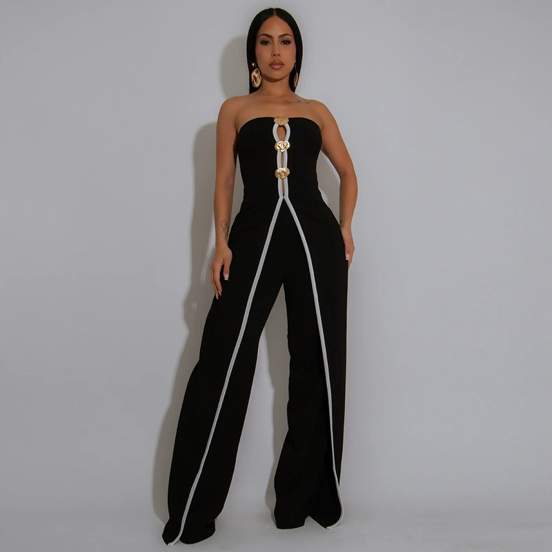 STYLISH LADY Contrast Color Patchwork Elegant Jumpsuits 2025 Summer Women Sleeveless Strapless OL Party Wide Leg Overalls