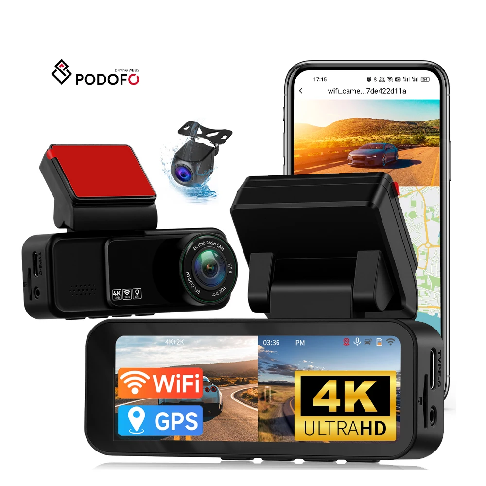 

Podofo 4K Dual Lens Dash Cam 3.16'' Car Mirror Monitor DVR Loop Recording Night Version WIFI GPS Front 4K + 2K Rear Camera OEM