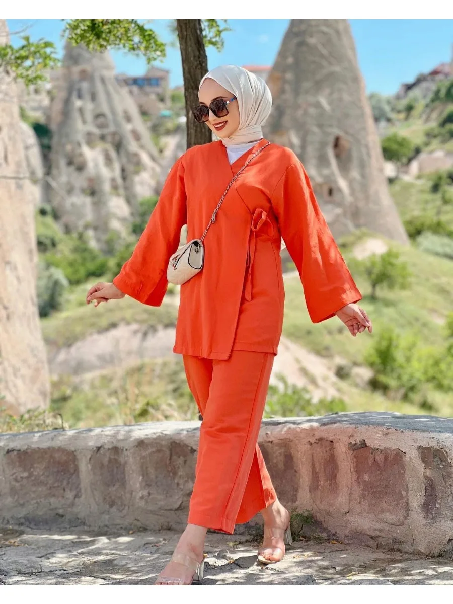 Ramadan Women Eid Muslim Two Piece Set Blouse & Pant Musulman Ensemble Lace-up Shirt Wide Leg Pant Matching Sets Modest Clothing