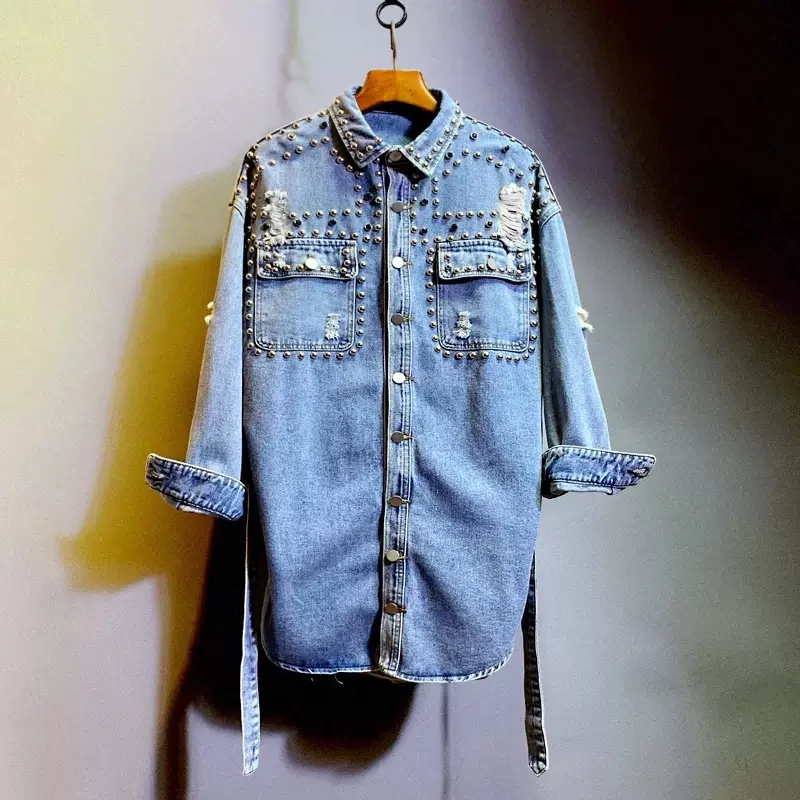 

Heavy Work Beading Rivet Hole Denim Shirt Jacket With Belt Washed Light Blue Loose Casual Lapel Long Sleeve Jeans Jacket Coat