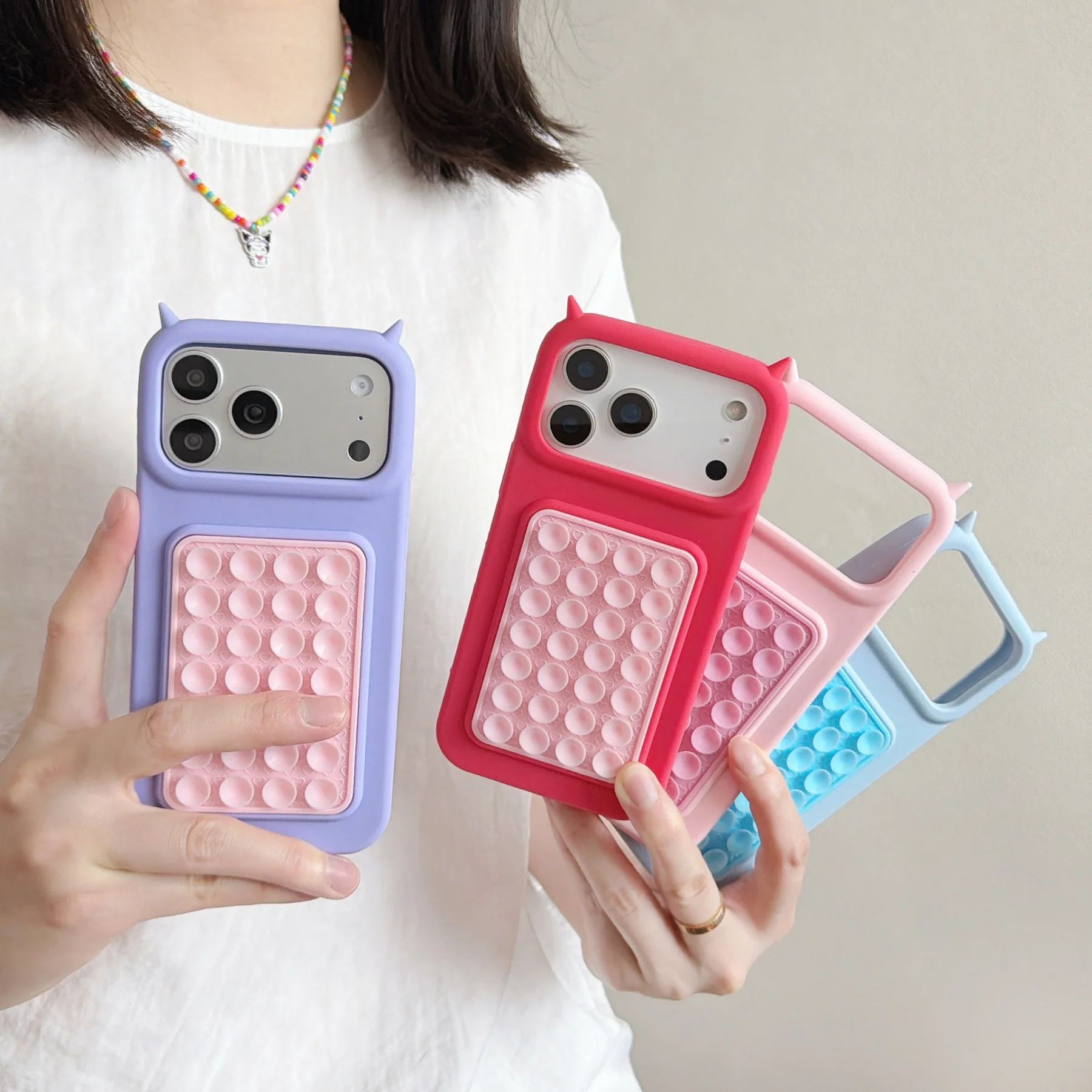 

Devil Horn Pop It Fidget Silicone Phone Case Reusable Suction Cup Bubble Toy Shockproof Protective Cover for IPhone13-17 Pro Max