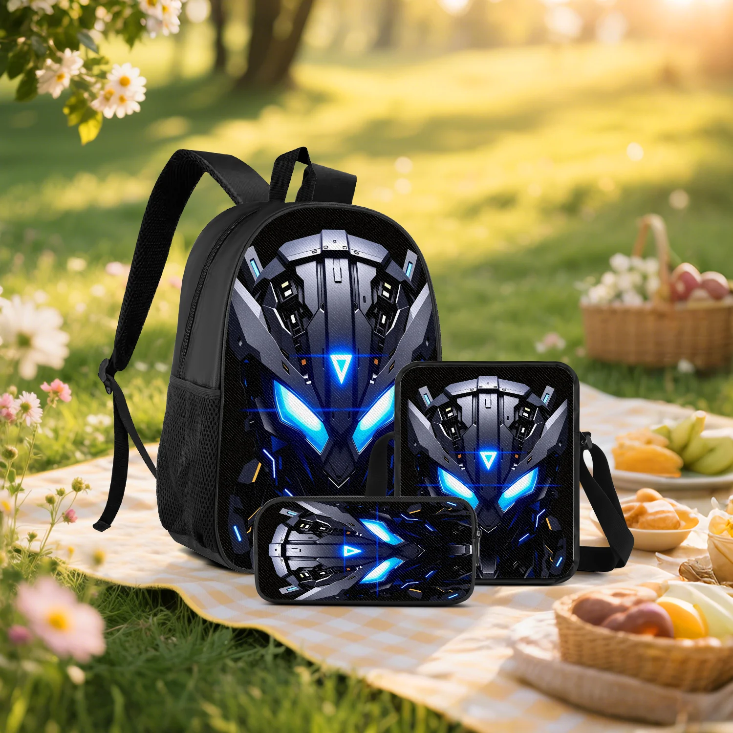Blue Glow Futuristic Mecha 3-Piece Backpack Set with Crossbody Bag Pencil Case for School Travel Daily Use