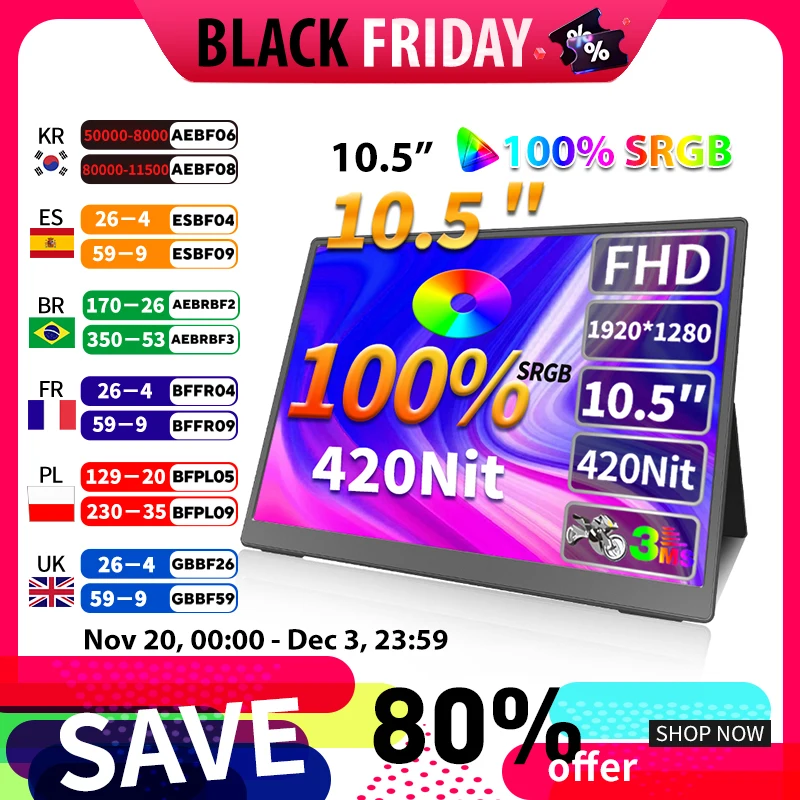

HGFRTEE 10,5-дюймовый портативный монитор 1280P IPS FHD 100% SRGB 1500:1 для ноутбука Mac Xbox PS4/5 Switch Mini Display