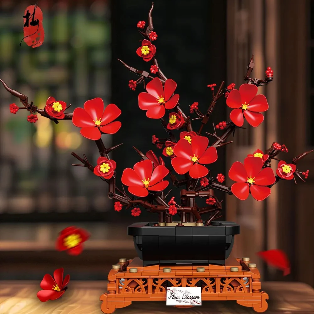 

MOC Blossom Plum Red Flower Bonsai Building Blocks Set Business Boom Floral Potted Plant DIY Toys For Children Kid Birthday Gift