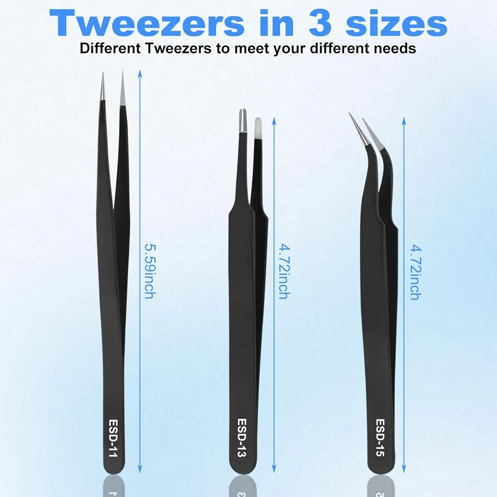 Workshop Gear  Tweezers Set,Upgraded Anti-Static Stainless Steel Tweezers, for Electronics Repair, Model Building 3PCS