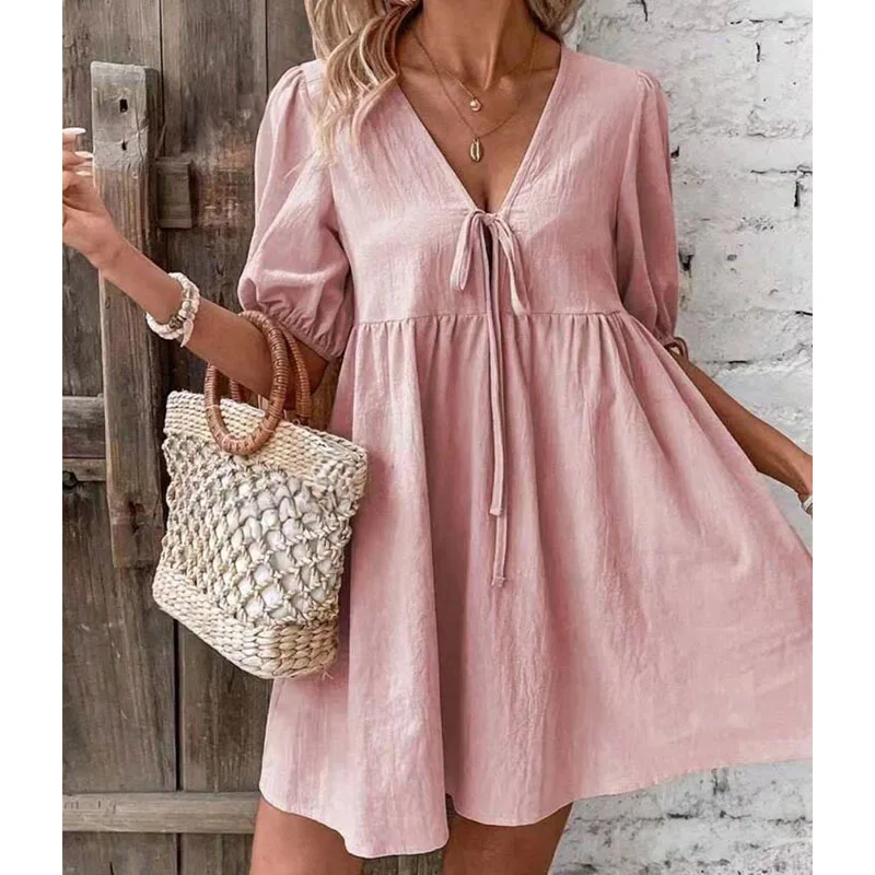 Mini abito allentato estivo da donna casual Solido sexy scollo a V Manica corta Gonna da spiaggia Vestito estivo Abiti eleganti e traspiranti Abiti