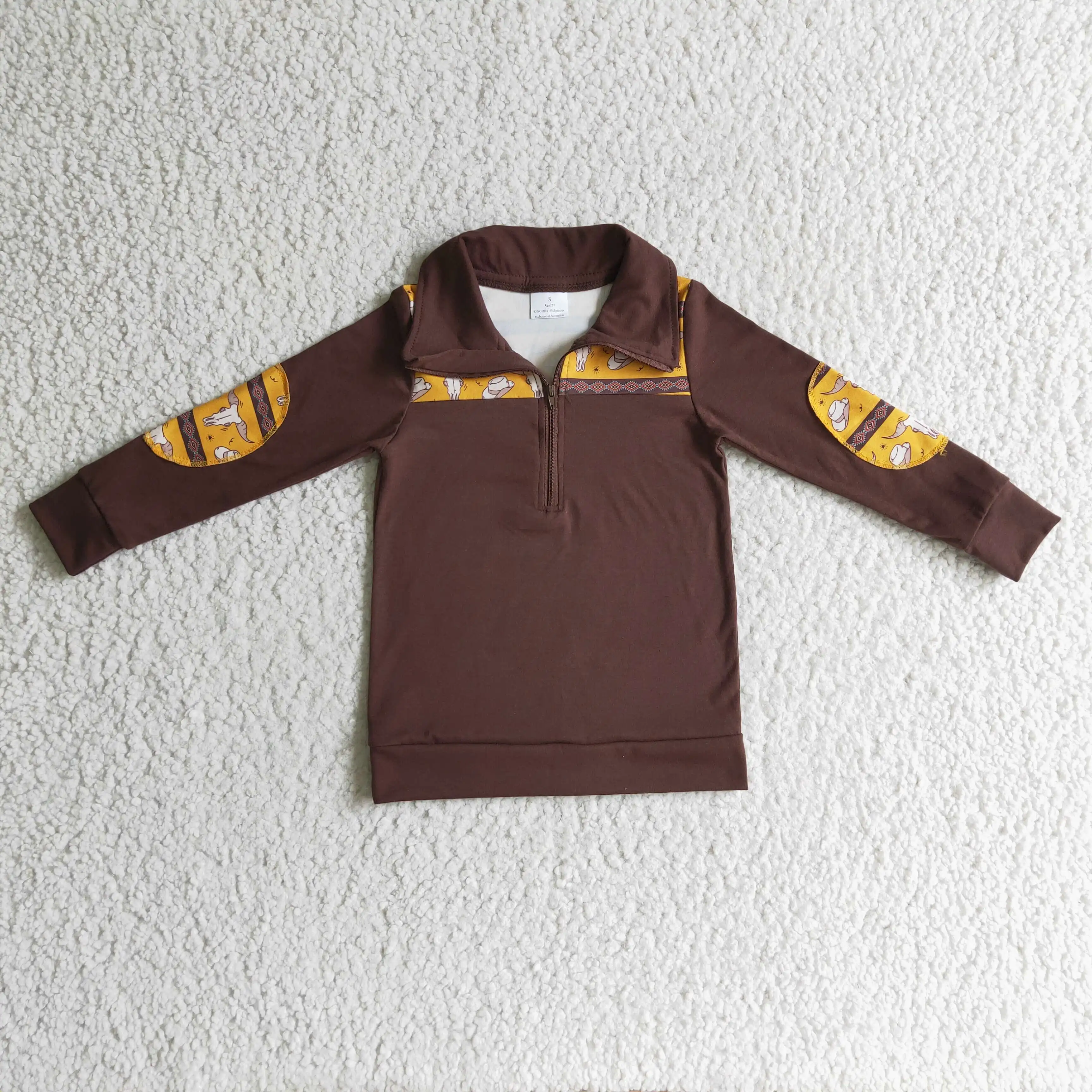 RTS Baby Boys Cow Print Long Sleeve Zips Pullover Fall Brown Color Western Design Little Kids Wholesale Children Clothing Tops
