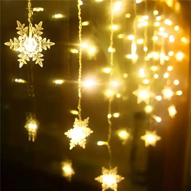 2025 Christmas Light Led Snowflake Curtain Icicle Fairy String Lights Garland Outdoor For Home Garden New Year Party Decoration