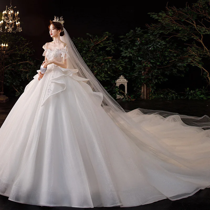Vestido de Noiva Off The Shoulder Lace Up Back Short Sleeve Shiny Beading Crystal Tulle Princess Ball Gown Tail Wedding Dresses