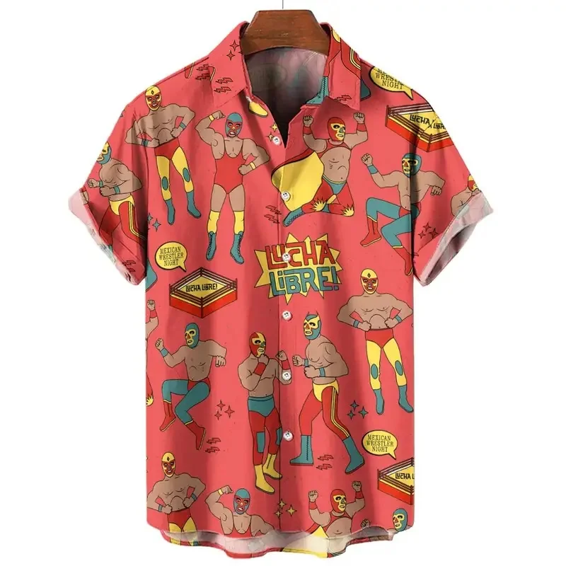 New Retro Men's Shirt 3d Mexican Wrestling Print Short Sleeve Shirt Fashion Man Clothing Loose Oversized Hawaiian Shirts for Men