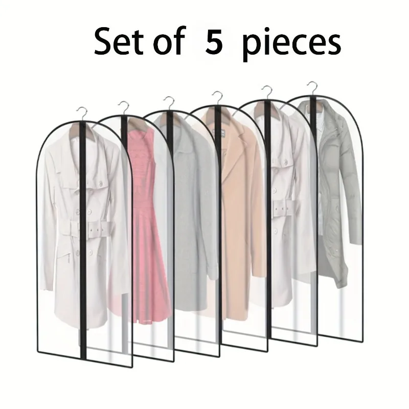 

5pcs Transparent Plastic Garment Covers Set – Zippered Dust-Proof & Moisture-Proof Suit Bags for Closet Storage