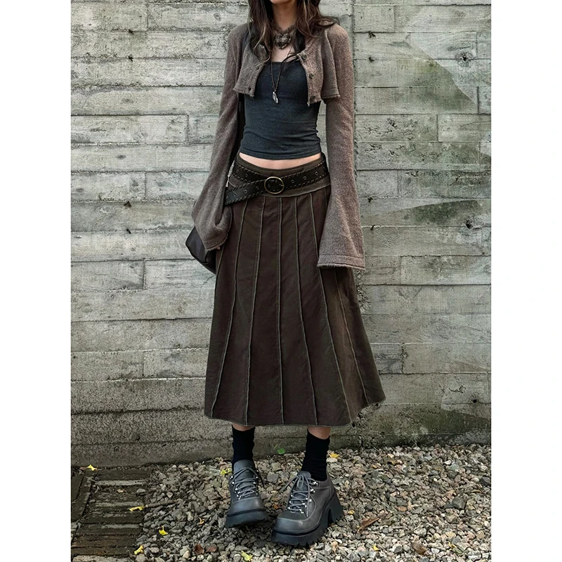 Women's A-line Denim Pleated Skirt Vintage 90s Aesthetic Y2k Long Jean Skirt Harajuku Korean Cowboy Skirts 2000s Clothes Autumn