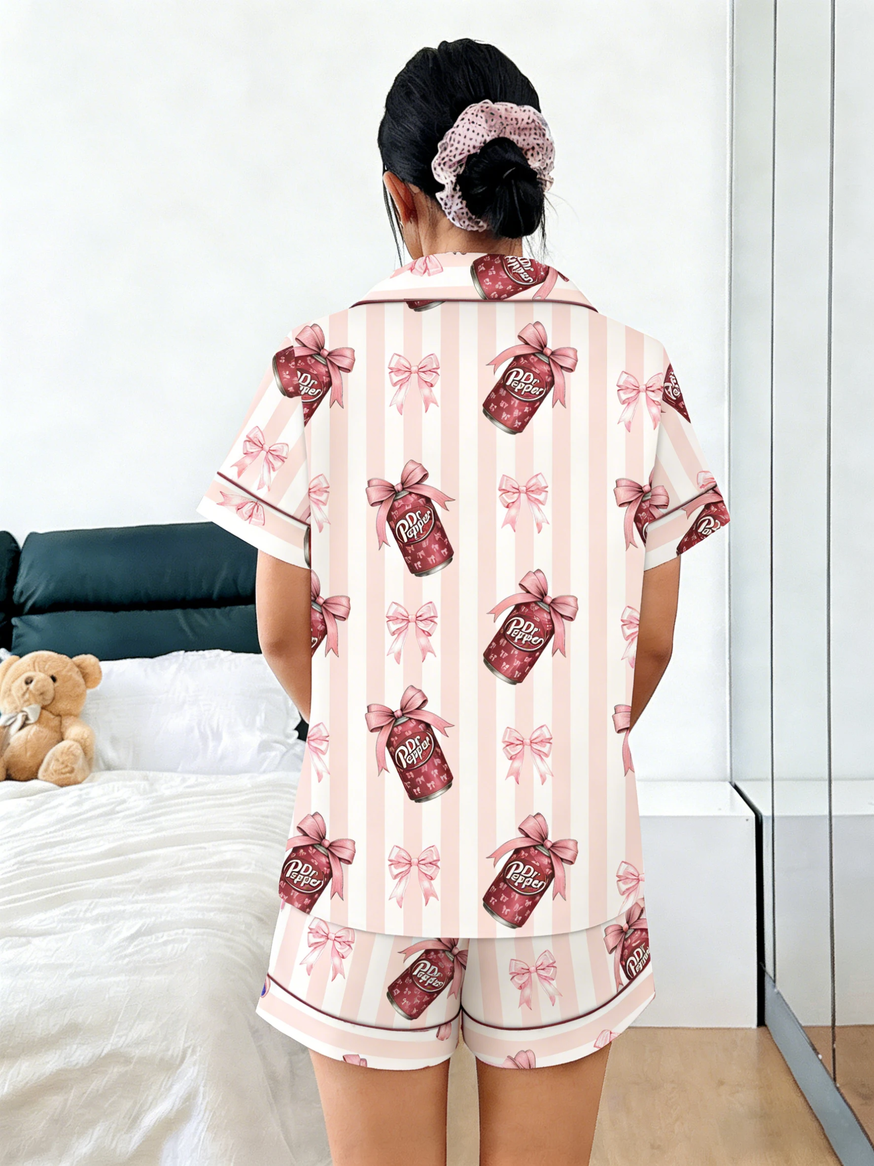 Women Pajamas Cardigan Lapel Short Sleeve Shorts 2 Piece Set Spring Summer Cute Pink Soda Can Bow Print Homewear Loungewear