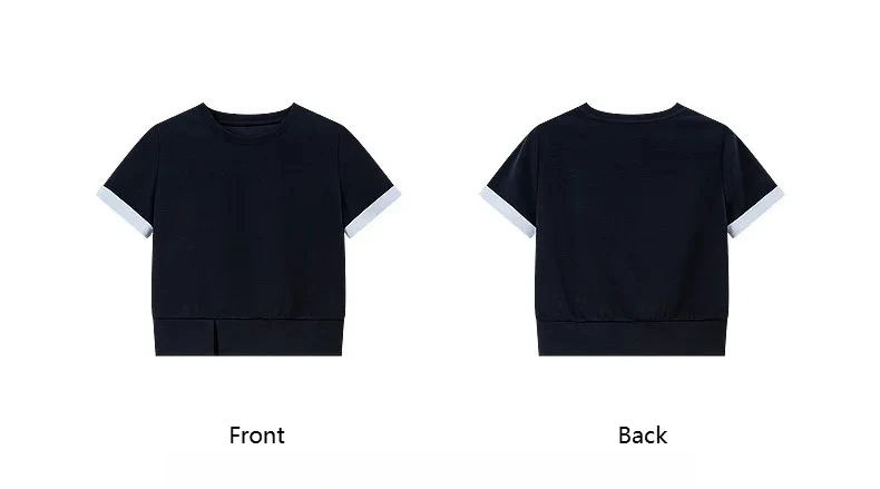 VIMLY Navy Casual Office Women's Suit 2026 Summer Contrast Folded Cuff Short Sleeve Tee Elastic Waist Straight Skirt Sets A6390
