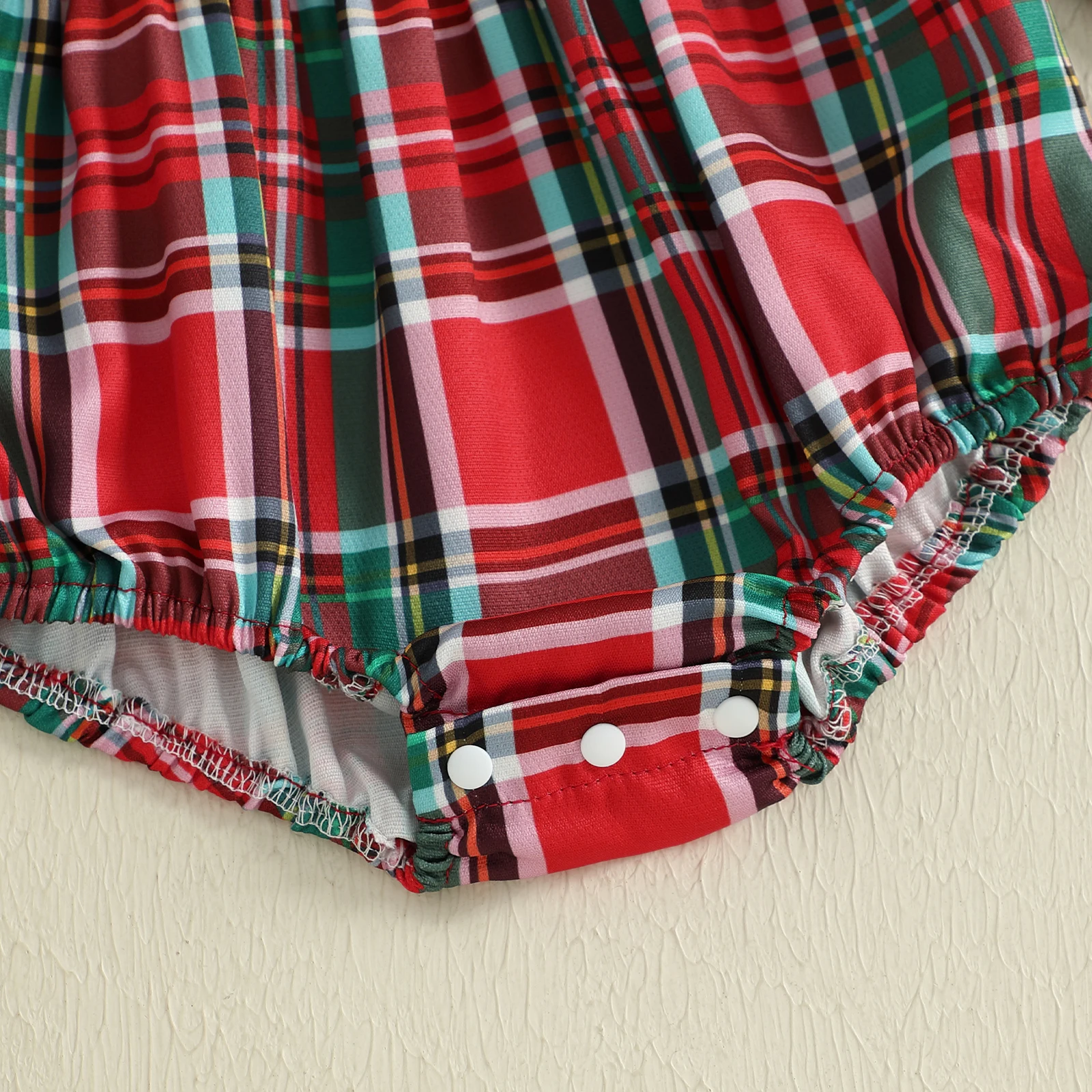 

0-18M Infant Baby Girl Christmas Plaid Romper Long Sleeve Ruffled Round Neck Tree Embroidery Jumpsuit with Bow Headband