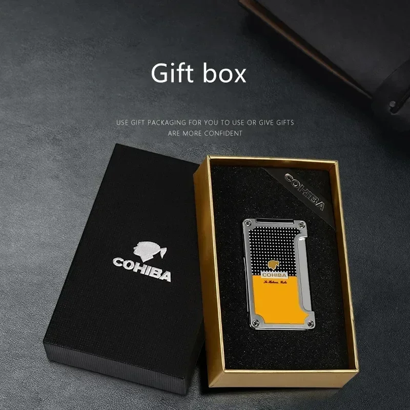 New COHIBA Cigar Lighter Metal Single Straight Charge Portable Blue Flame Windproof Lighter with Cigar Opener Tool(No Gas)
