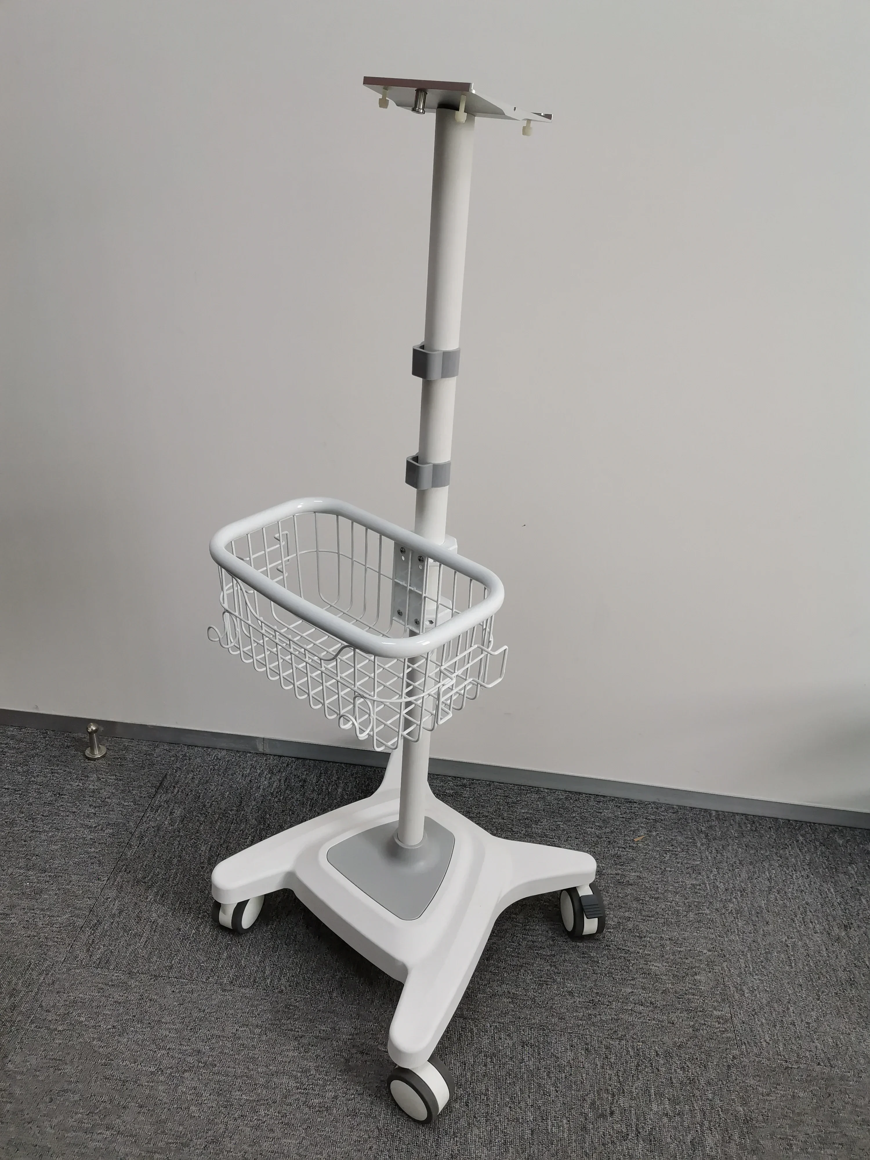 

White PP Plastic Base Hospital Furniture Medical Trolleys Veterinary Vital Signs Monitor