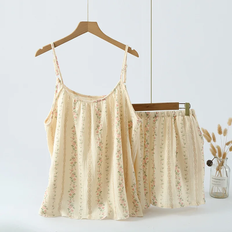 Printed Multi-colored Women's Summer Camisole Short-sleeved Shorts Set Home Wear Pajamas Collarless Camisole Style Sleeveless