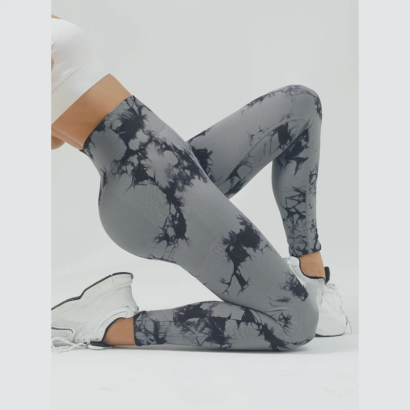 Pantalones invisibles con entrepierna para mujer, pantalón de Yoga sin costuras con estampado blanqueador de corbata, cintura alta, levantamiento de cadera, deportes, correr, moda Sexy