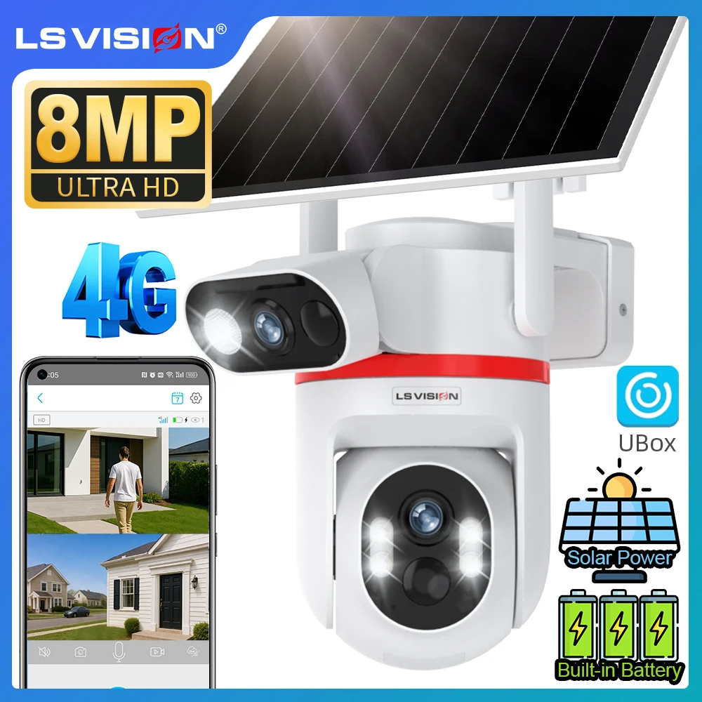 LS VISION 8MP 4G Sim كاميرا الأمن الشمسية شاشات مزدوجة في الهواء الطلق المزدوج PIR كشف الإنسان السيارات تتبع كاميرات CCTV مقاومة للماء
