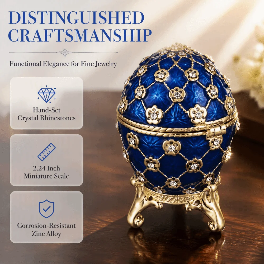 Compact Enamel Jewelry Box Hinged Lid Zinc Alloy Egg Trinket Box Rhinestone Decoration Blue Color Mini Jewelry Organizer