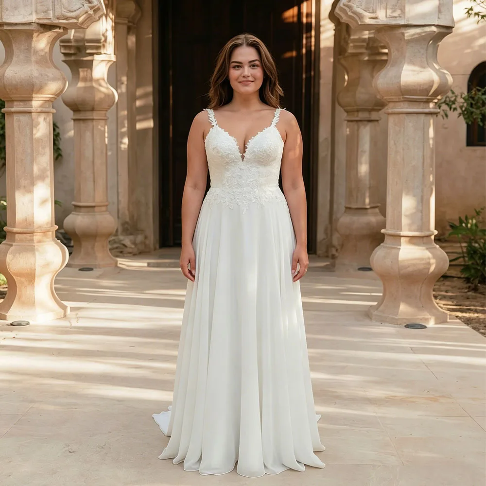 

MCDV Plus Size Wedding Dresses V-Neck Spaghetti Straps Boho Summer Bide Gowns A Line Chiffon robe mariage curvy Customized