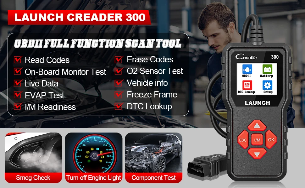 LAUNCH Creader CR300 Motorfehlercodeleser, OBD2-Scanner-Diagnosetool, Echtzeit-Daten-Batteriespannungstest, Auslesen und Löschen von DTCs, I/M-Bereitschaft PK CR3001 CR329 ELM327 MINI ELM 327 – Detail 1
