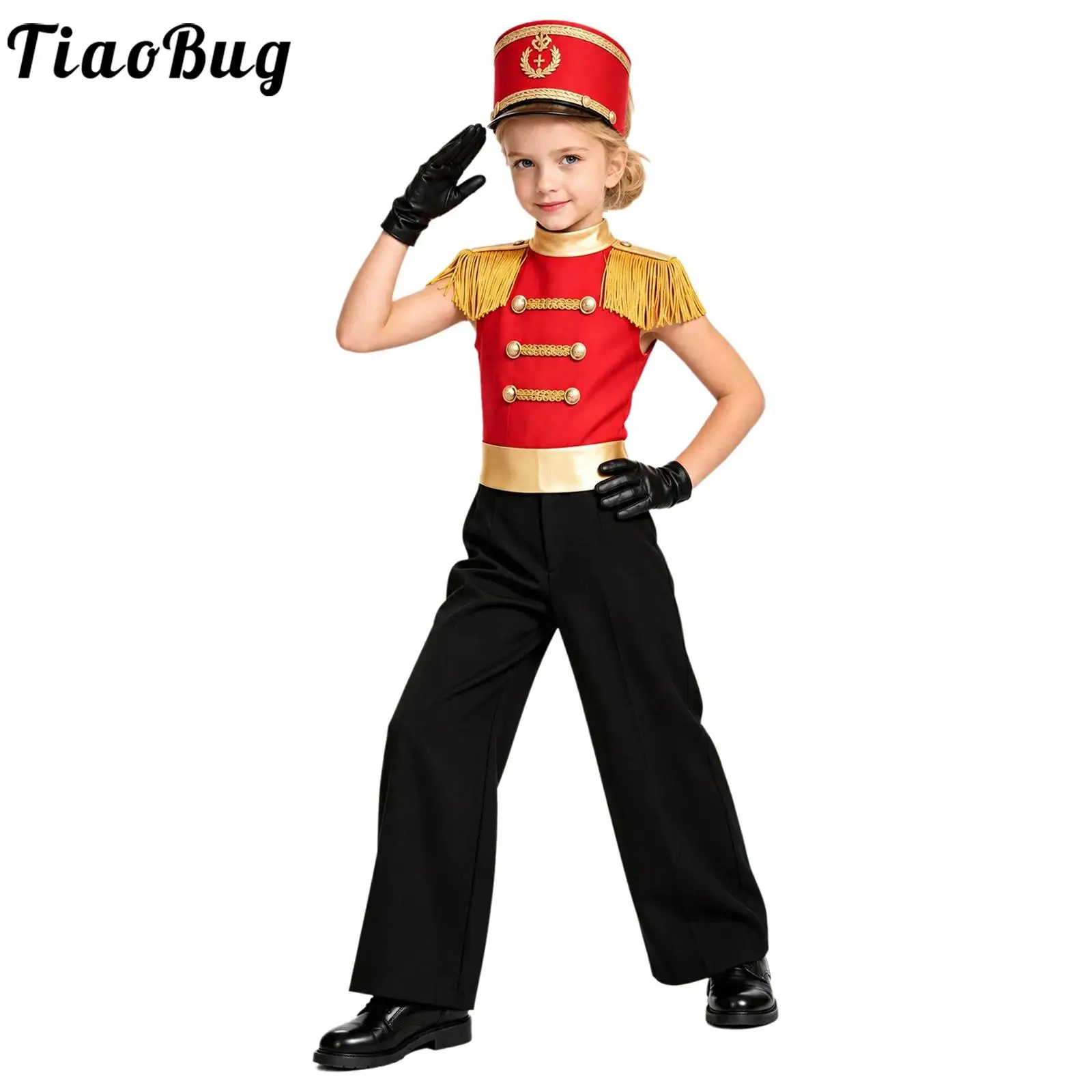Girls Drum Trumpet Marching Band Honor Guard Costume Sleeveless Tassel Epaulet Wide-leg Jumpsuit for Halloween Circus Cosplay