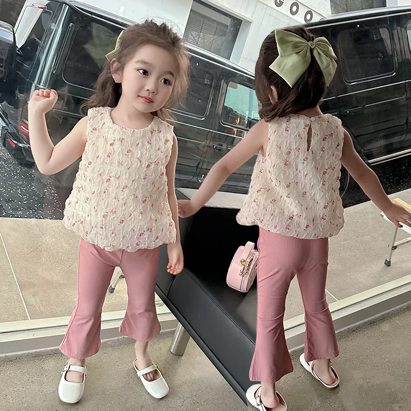 Girls' Flower Vest Casual Two-piece Set 2025 Summer New Baby Girl Foreign Fashion Suit for Small and Medium Children