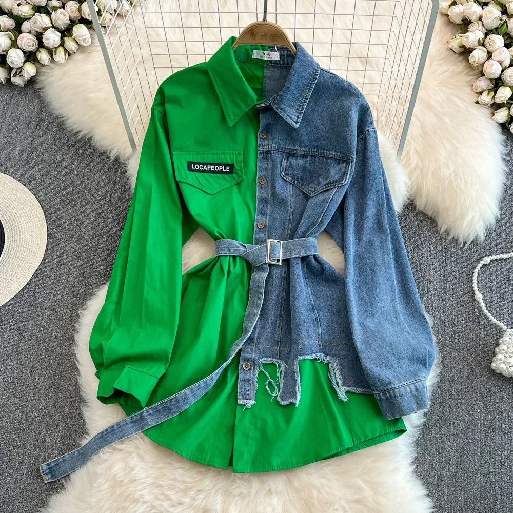 Women Shirt Denim Splice Full Sleeve Single Breasted T Shirts Turn Down Collar Irregular Midi Blouses Belt Ladies Autumn