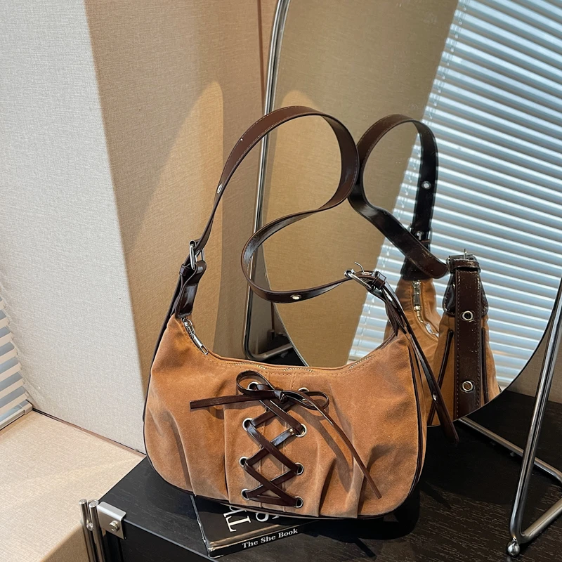 Faux Suede Criss-cross Zipper Hobos Bags 2026 Light Luxury High Quality Bags Exquisite Versatile Fashion Shoulder Bags