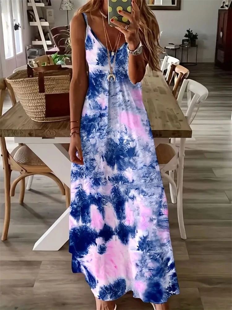 New Summer Sleeveless Halter Dresses Women Sexy Spaghetti Straps Tie-Dye Printed Dresses 2024 Hawaii Vacation Beach Long Dresses