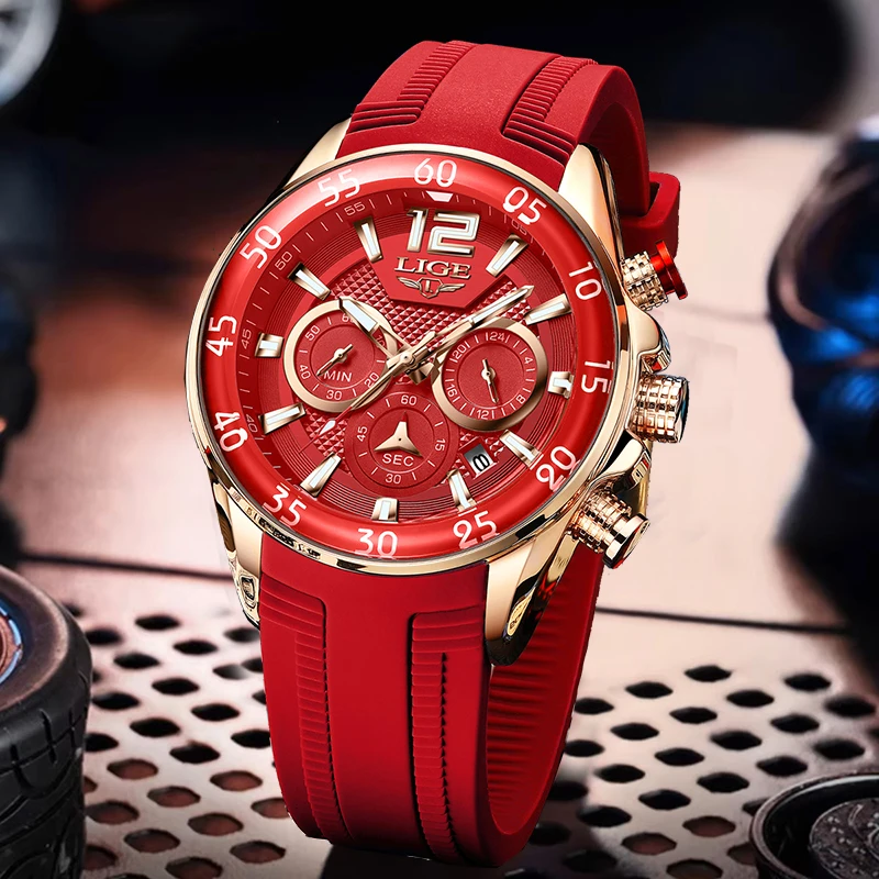 

Модные красные силиконовые часы LIGE для мужчин, лучшие брендовые роскошные водонепроницаемые светящиеся мужские наручные часы, спортивные кварцевые часы с хронографом для активного отдыха