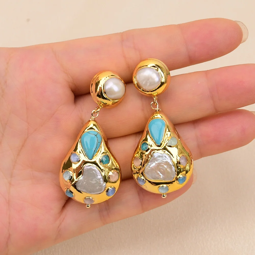 G-G Freshwater White Pearl Blue Turquoise Mix Crystal Dangle Lever Back Earrings