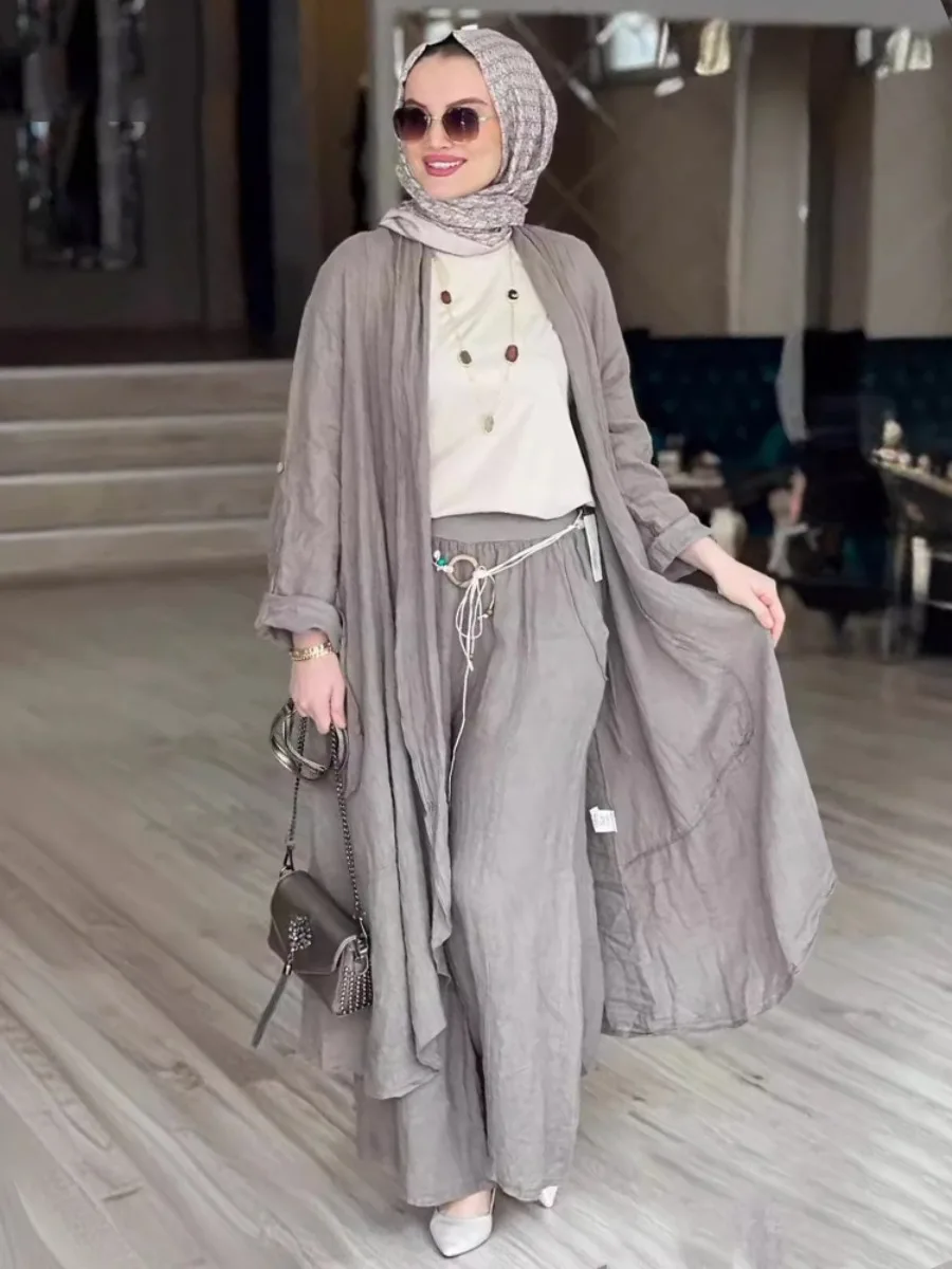 Eid Muslim Sets Women Cardigan Abaya with Pant Two Piece Set Abaya Long Shirt Wide Leg Pant Suits Ramadan Musulman Ensembles